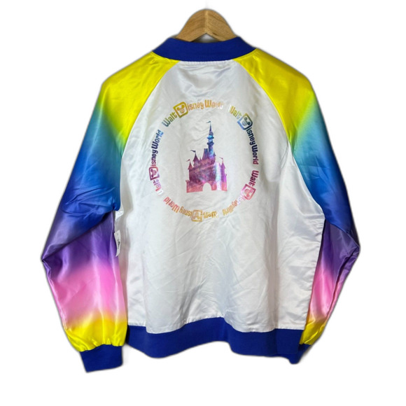 Disney World NWT White Rainbow Tie Dye Satin Bomber Windbreaker Jacket Size XL - Picture 5 of 14